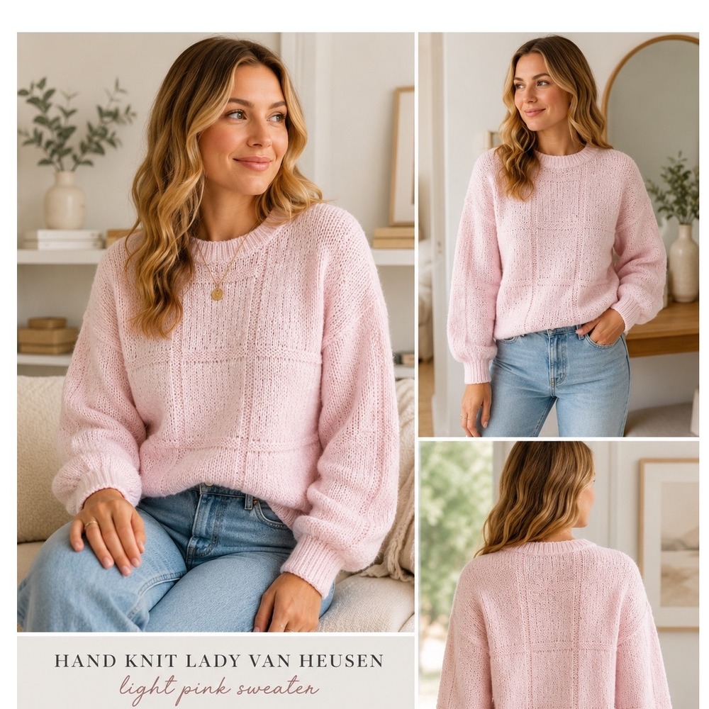 Lady Van Heusen Sweater Womens OS Pink Good Vintage Hand Knit Grid Textured